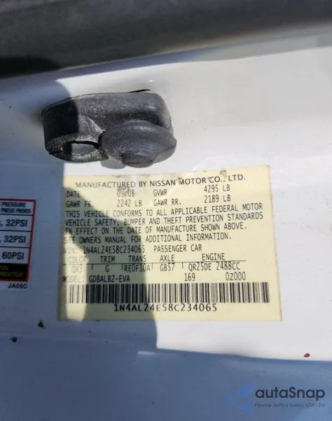 2008 Nissan Altima 2.5S from USA, damaged, VIN 1N4AL24E58C234065